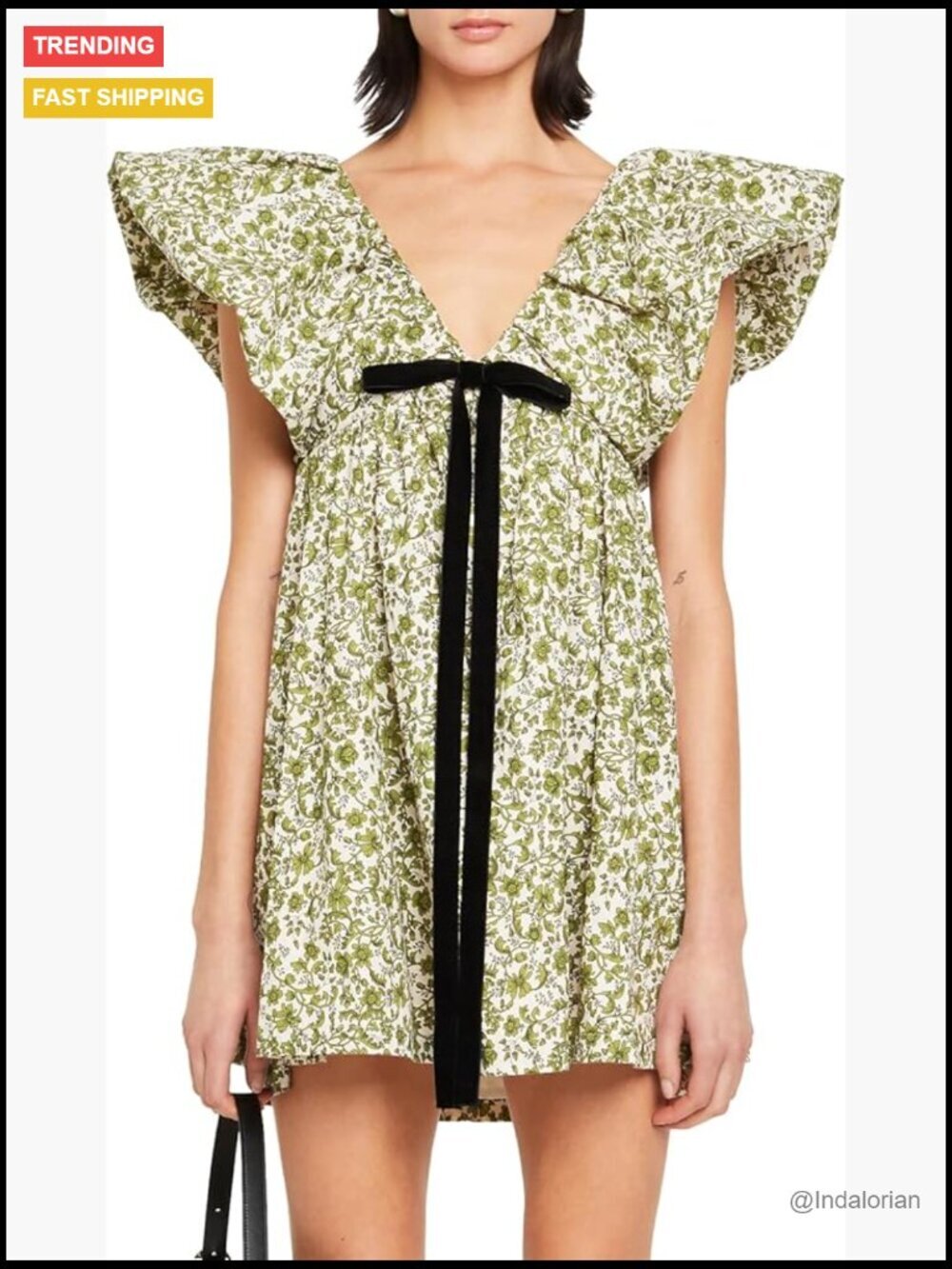 V Neck Puff Sleeve Babydoll Mini Dress Floral Print Tie Back